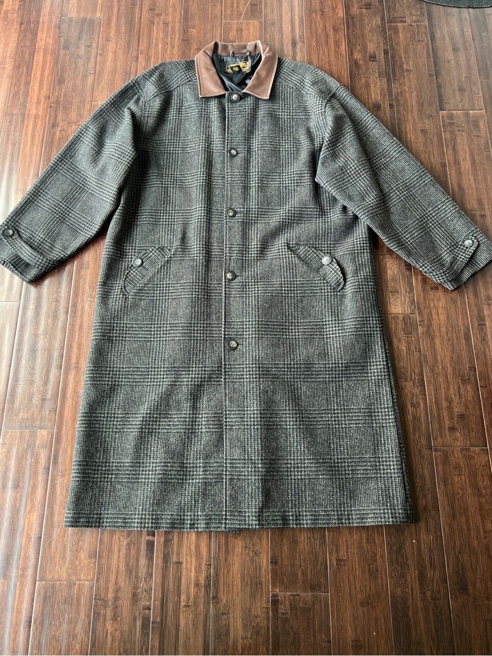 Vtg USA Wool Eddie Bauer Balmacaan Over Coat Glen Plaid Leather Collar LARGE